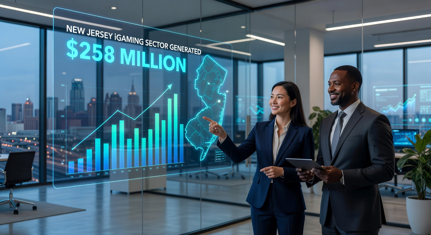 Atlantic City casino floor bustling with slot machines and table games under bright lights, contrasting the rise of online gaming