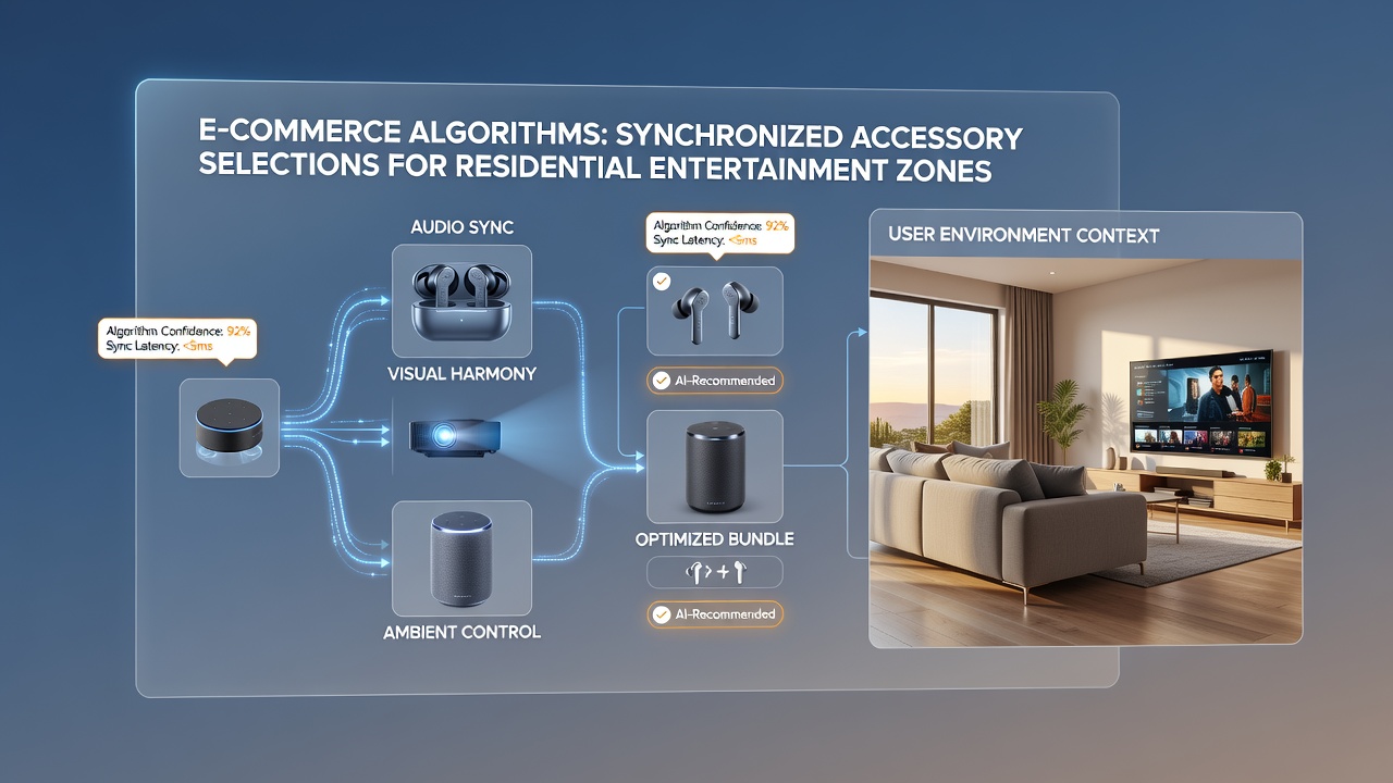 Close-up view of synchronized home entertainment accessories including matching remote controls, cable management systems, and accent lighting