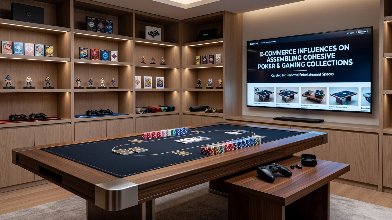 Home entertainment room featuring a unified gaming table collection with poker layout, seating, and storage accessories