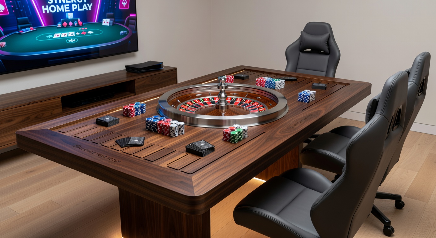 A sleek custom gaming table featuring integrated roulette wheel and poker layout, surrounded by professional accessories for home casino nights