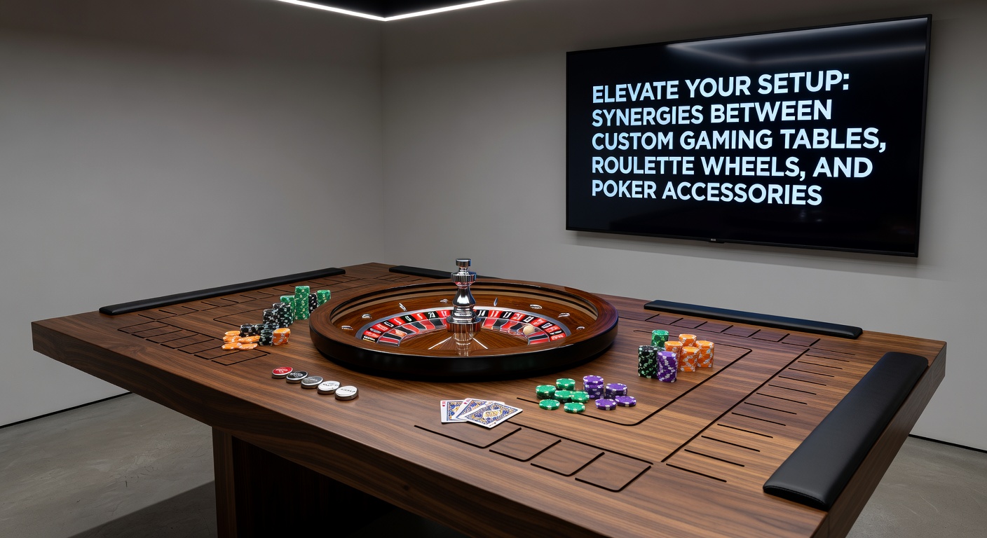 Close-up of a professional roulette wheel embedded in a custom poker table, wth clay poker chips stacked nearby and a dealer button in view