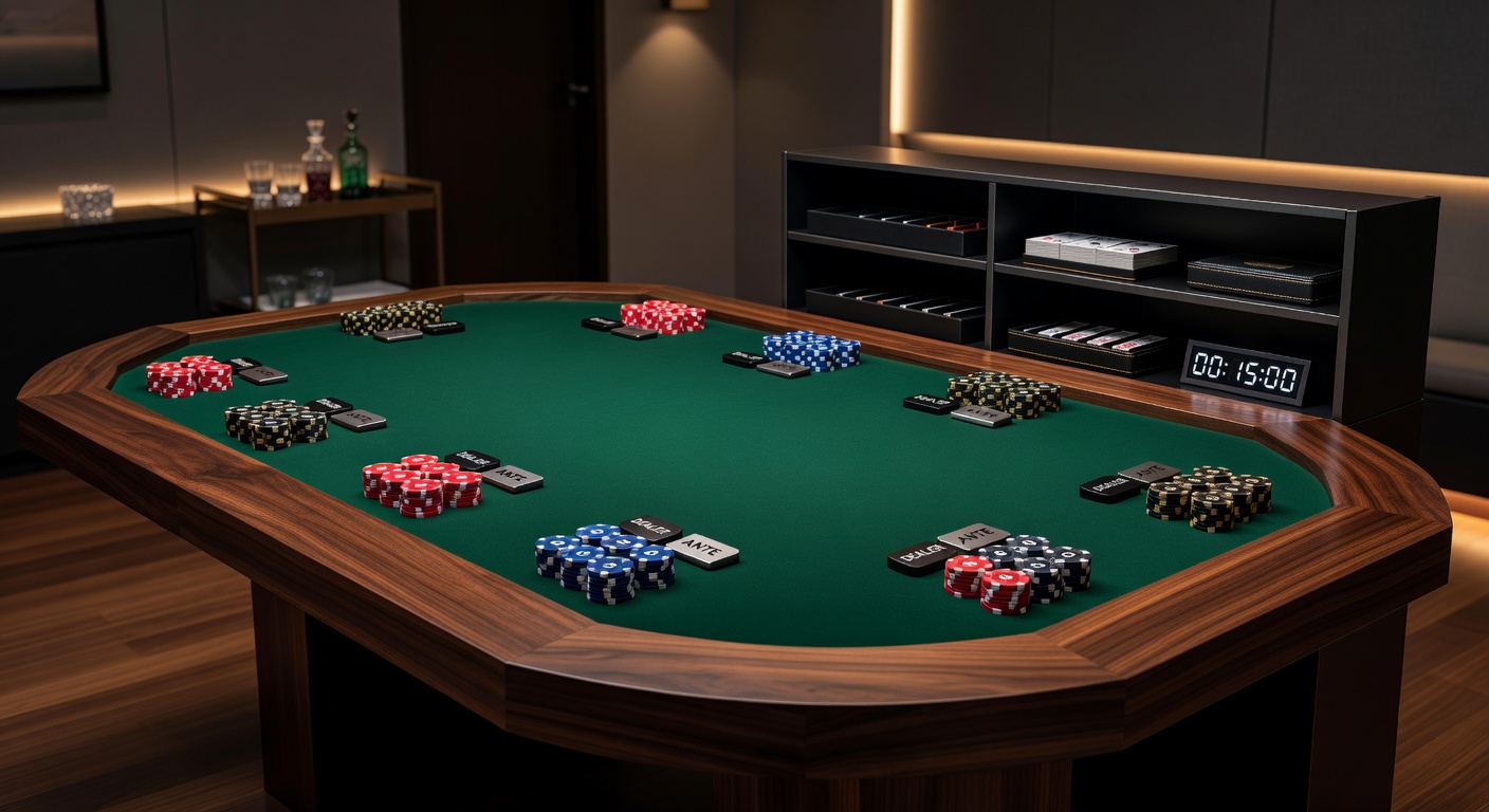 Poker table setup with coordinated accessories including chip racks and card holders for tournament efficiency