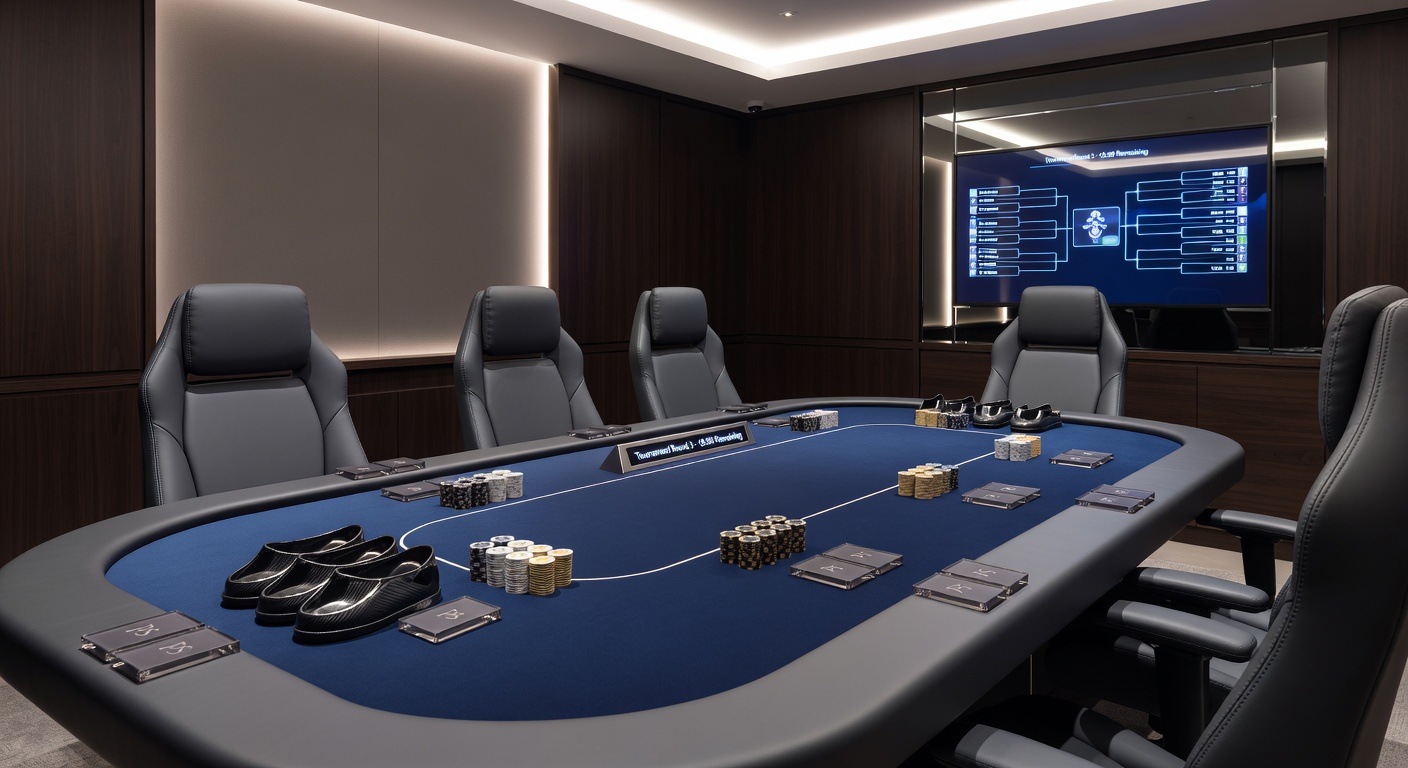 Close-up view of poker chips, timer, and dealer button arranged on a matching gaming table surface