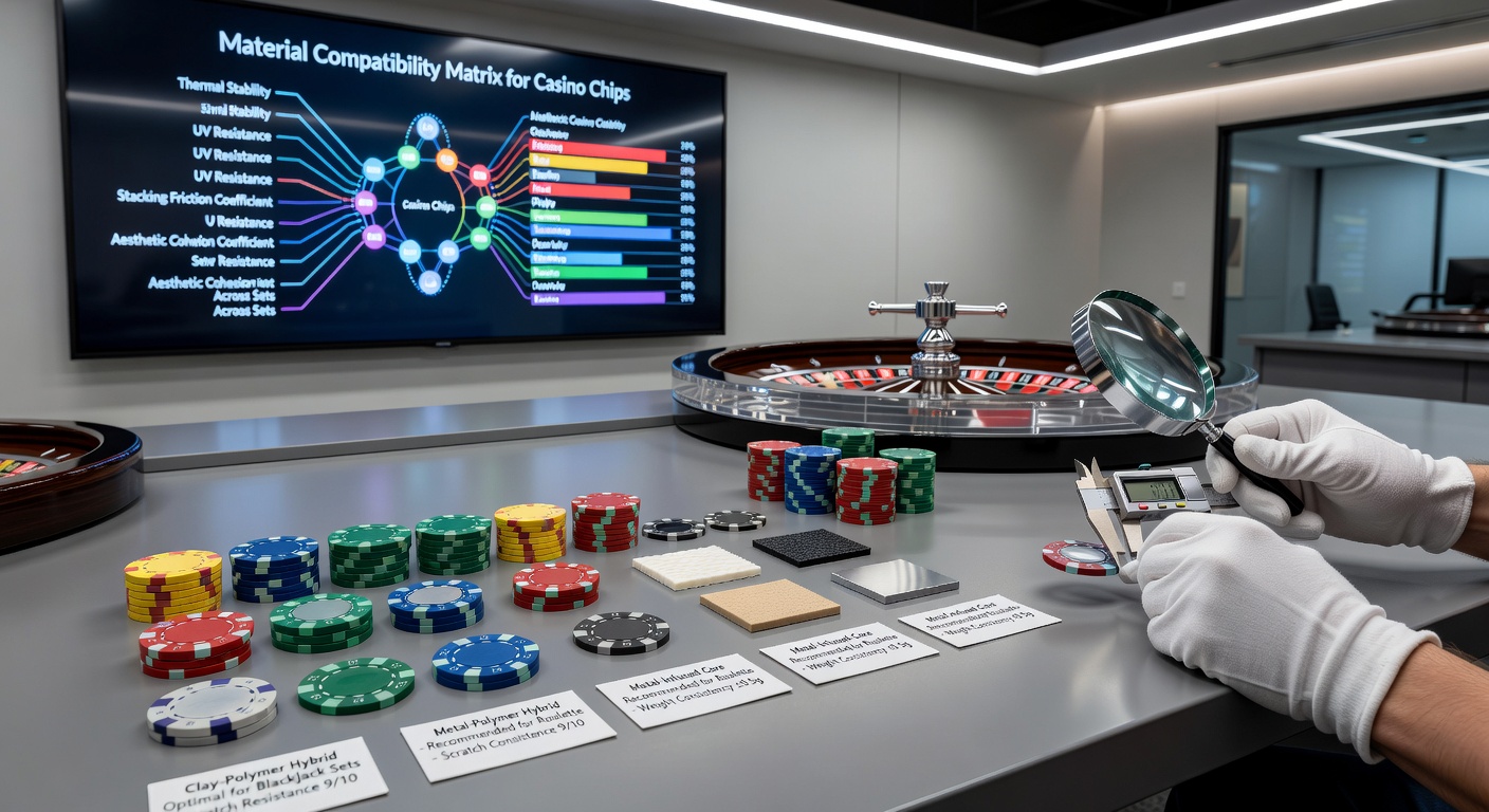 Close-up view of casino chip materials next to roulette wheel components demonstrating coordination factors
