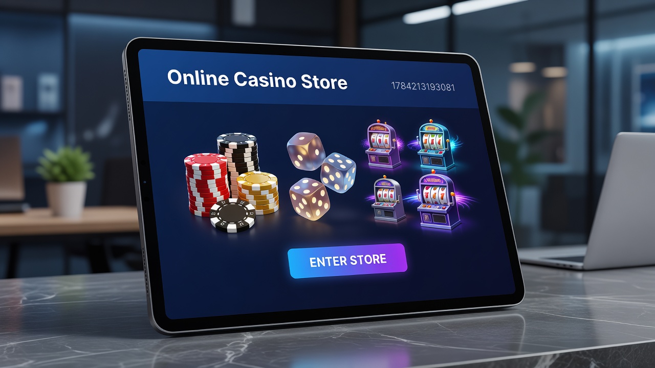 Digital storefront displaying casino tables, roulette wheels, and poker accessories available through online casino stores