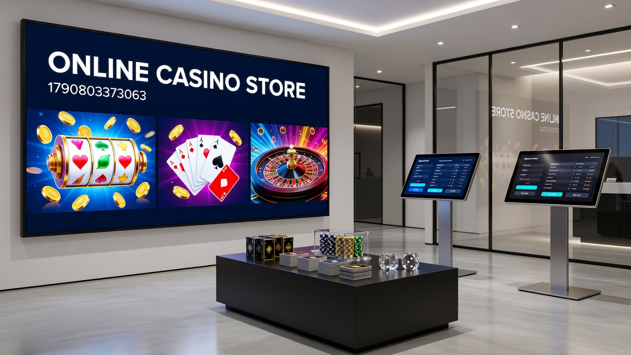 Warehouse view inside an online casino store fulfillment center with organized shelves of chips and accessories