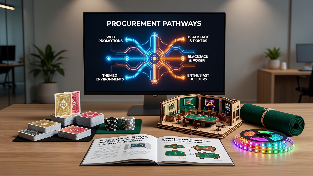 Illustration of digital procurement pathways showing online platforms and themed blackjack poker components