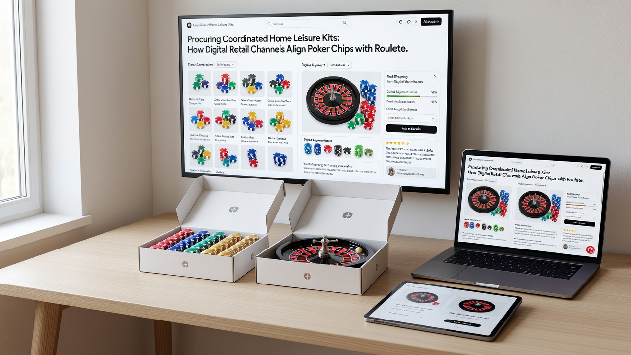 Coordinated home gaming table with aligned poker chips, roulette wheel, and blackjack layout sourced through online retail channels