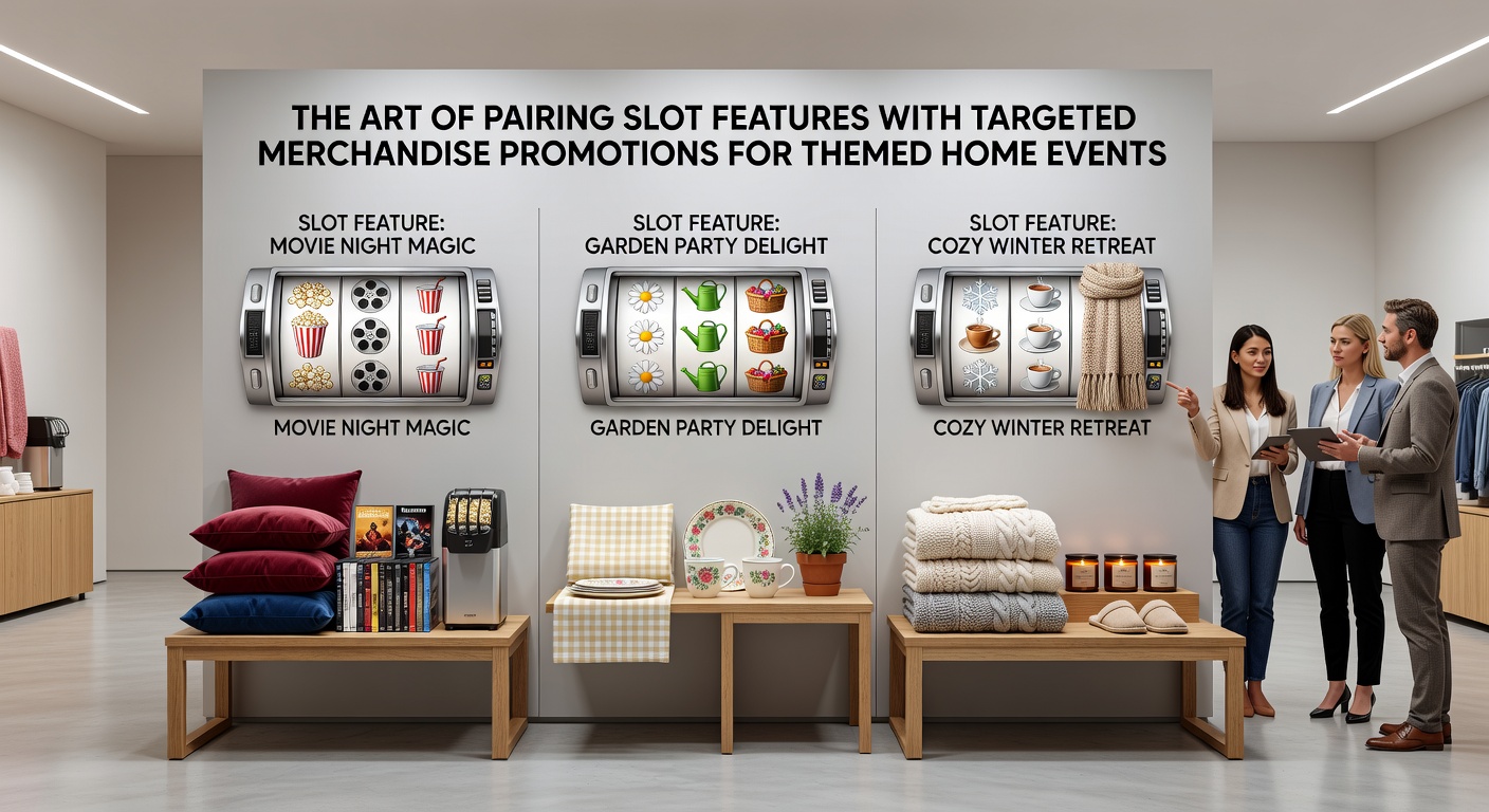 Close-up view of slot reel symbols paired with promotional merchandise items during a home themed gathering