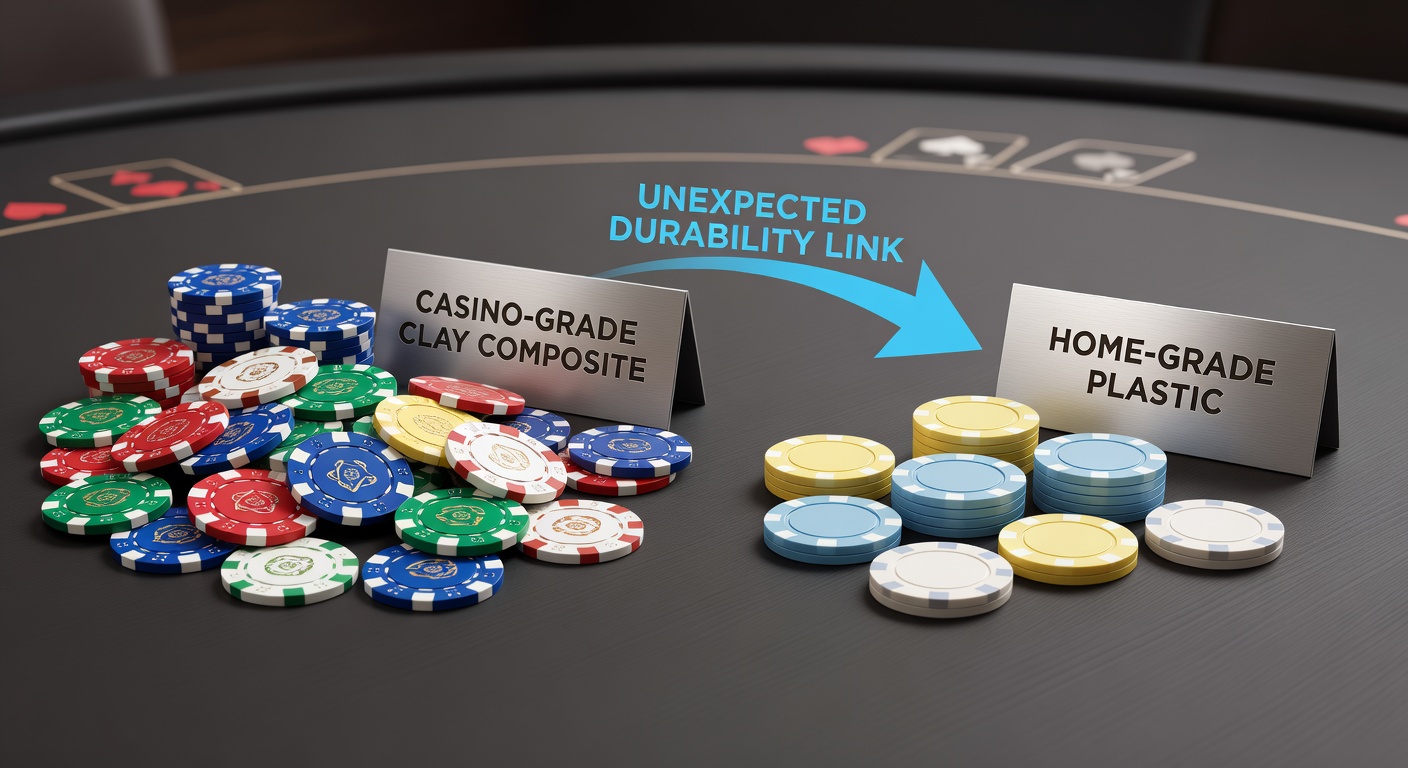 Various casino chips crafted from clay, plastic, and ceramic materials arranged on a felt-covered home gaming table to illustrate durability differences