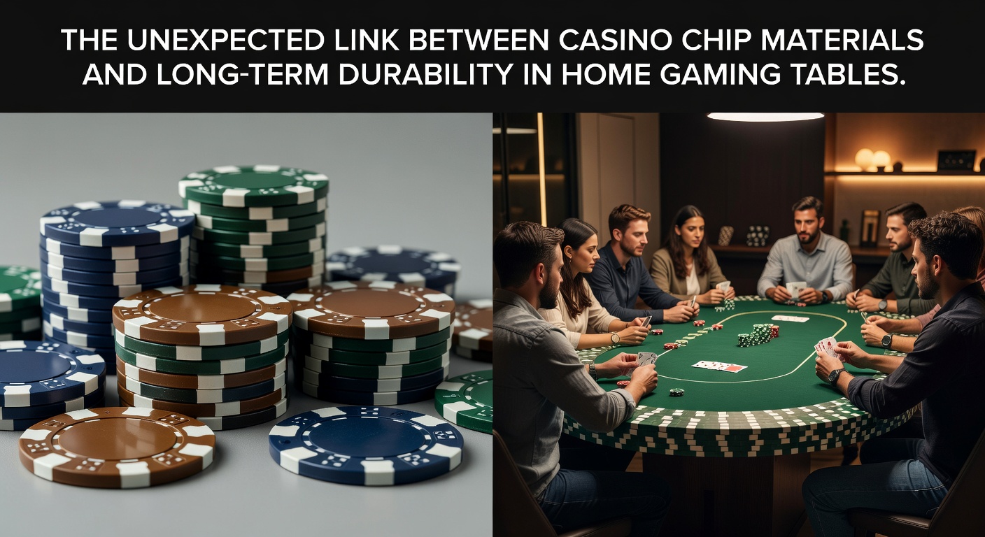 Close-up view of worn casino chip edges next to a durable home gaming table surface showing material impact over time